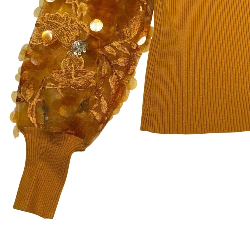 Sioni Milano S Orange Brass Fall Leaves Sequin Sleeve Ribbed Knit Top - Small - Picture 5 of 11